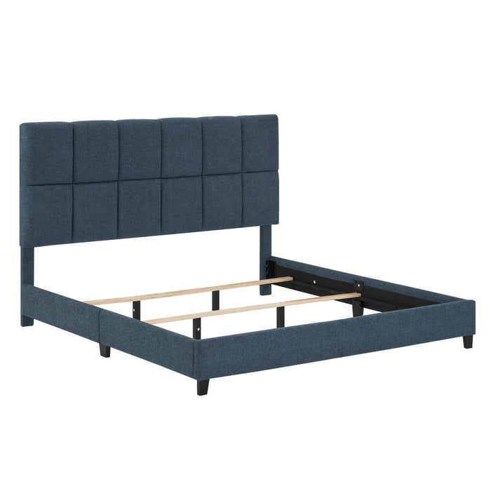 King Size Squares Upholstered Platform Bed - Navy Blue Denim