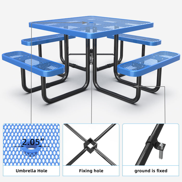 Square Outdoor Steel Picnic Table, With Umbrella Pole - Blue