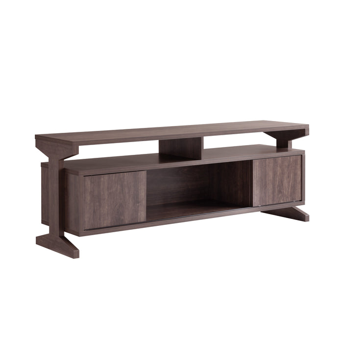 TV Center Console With Sliding Doors, Storage And Display Shelves - Brown Walnut