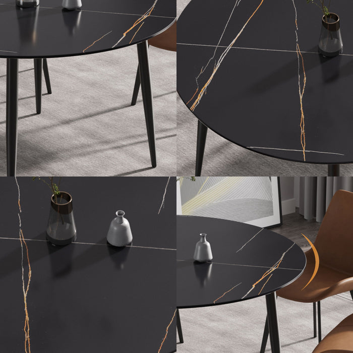 Modern Artificial Stone Round Dining Table With Metal Legs, Can Accommodate 6 People - Black