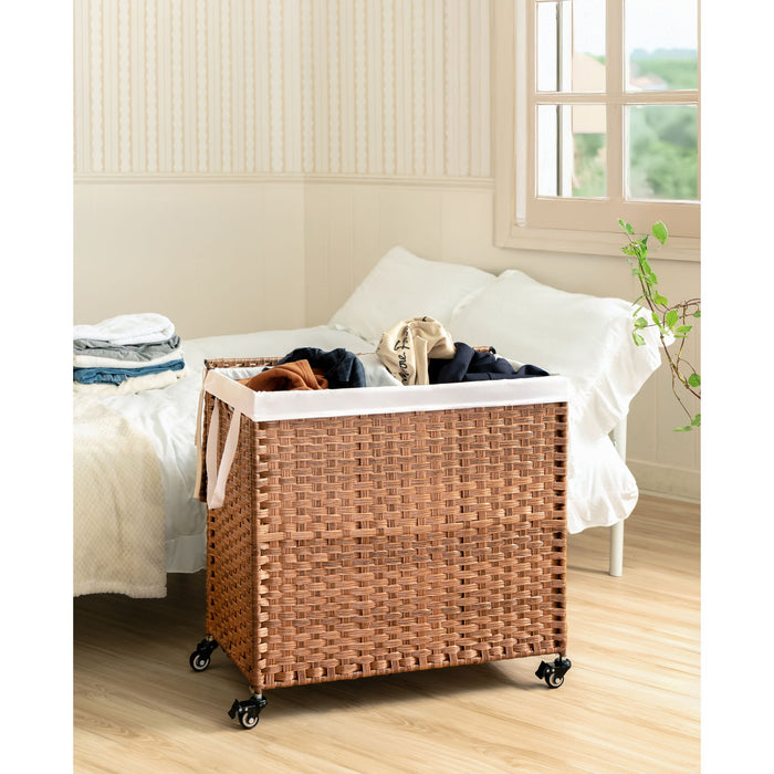 Laundry Hamper With Lid PE Rattan Powder Coating Frame Clothes Hampers With 2 Removable Bags