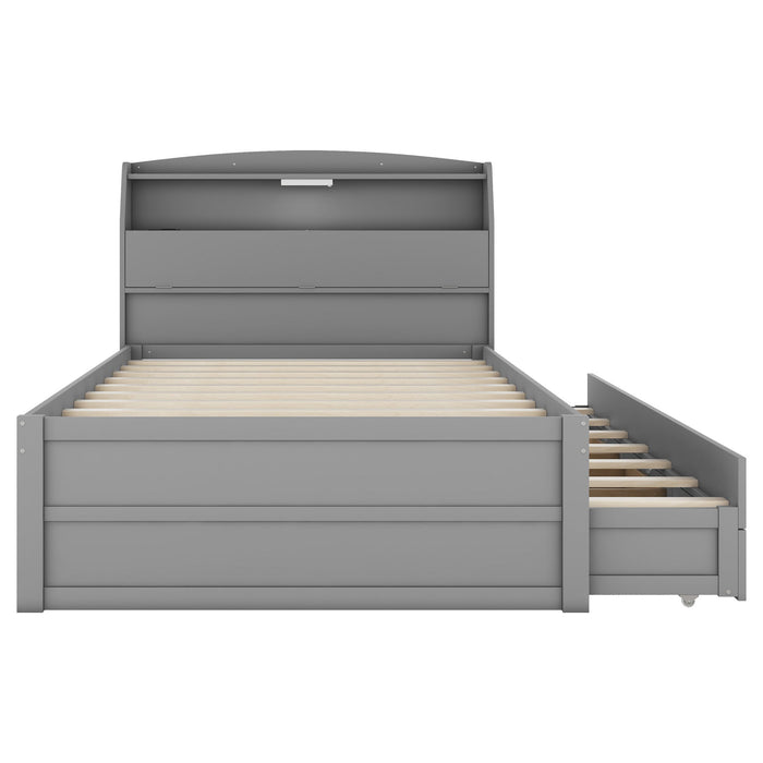 Wooden LED Platform Bed With Trundle, With Storage Headboard, With Drawers