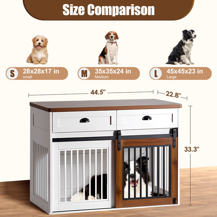 Heavy Duty Furniture Style Dog Cage Wooden Dog Cage Double Door Dog Cage Side Cabinet Dog Cage Dog Crate - Walnut / White