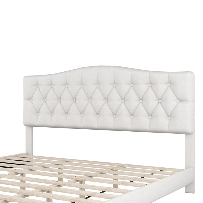 King Upholstered Platform Bed With Saddle Curved Headboard And Diamond Tufted Details - Beige