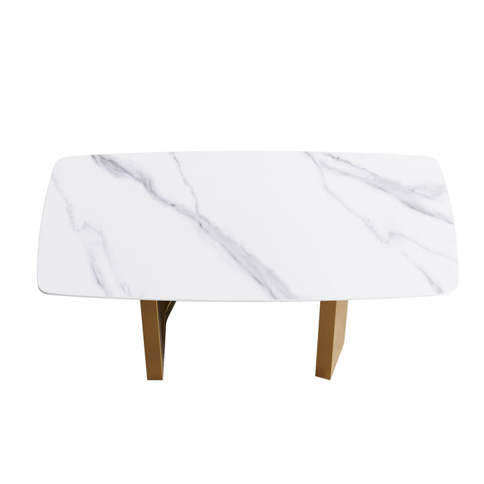 70.87" Modern Artificial Stone White Curved Metal Leg Dining Table - White / Gold