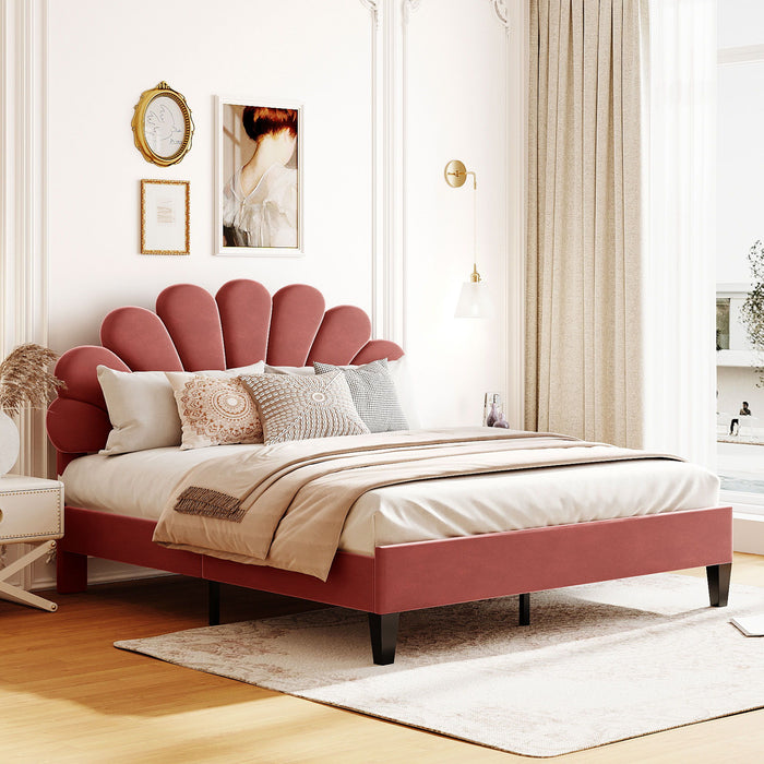 Queen Size Upholstered Platform Bed With Flower Pattern Velvet Headboard - Bean Paste Red