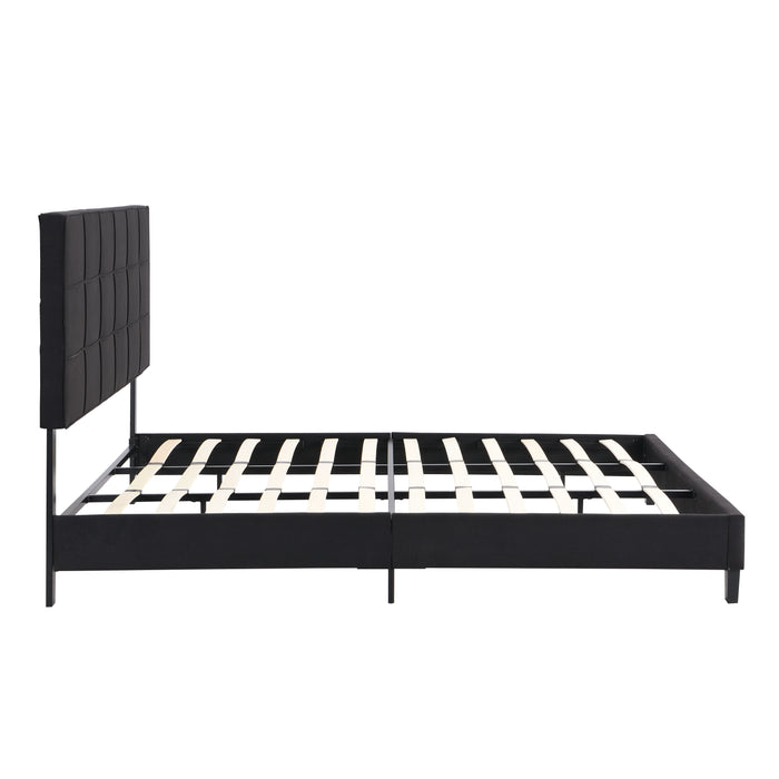 King Size Upholstered Platform Bed Frame With Button Tufted Linen Fabric Headboard, No Box Spring Needed, Wood Slat Support