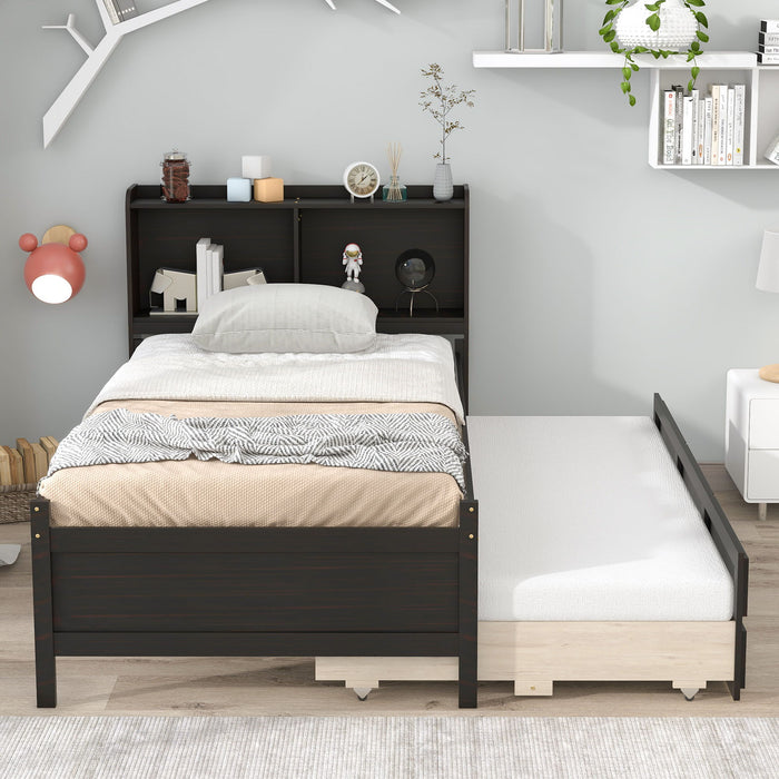 Twin Bed With Bookcase, Twin Trundle, Drawers - Espresso