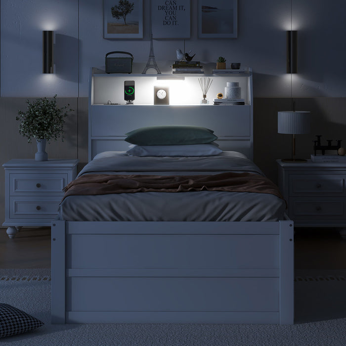 Wooden LED Platform Bed With Trundle, With Storage Headboard, With Drawers