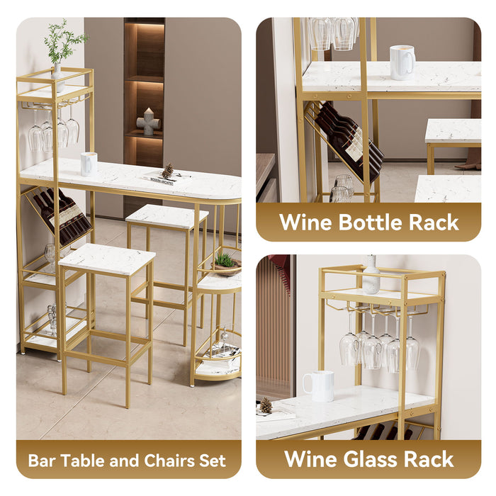 3 Piece Bar Table And Chairs Set, Modern Kitchen Bar Height Dining Table Wood Breakfast Pub Table With Base With Shelves, Glass Rack, Wine Bottle Rack, With 2 Bar Stools - White / Gold