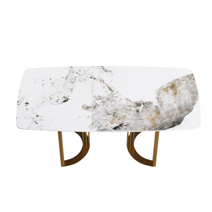 70.87" Modern Artificial Stone Pandora White Curved Golden Metal Leg Dining Table, Can Accommodate 6-8 People - Antique White / Gold