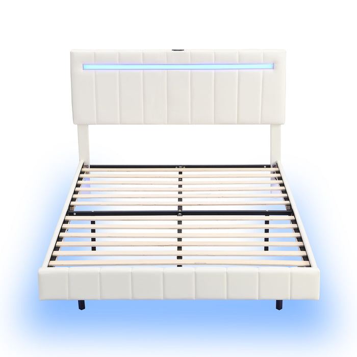 Queen Size Floating Bed Frame With LED Lights And USB Charging, Modern Upholstered Platform LED Bed Frame - White