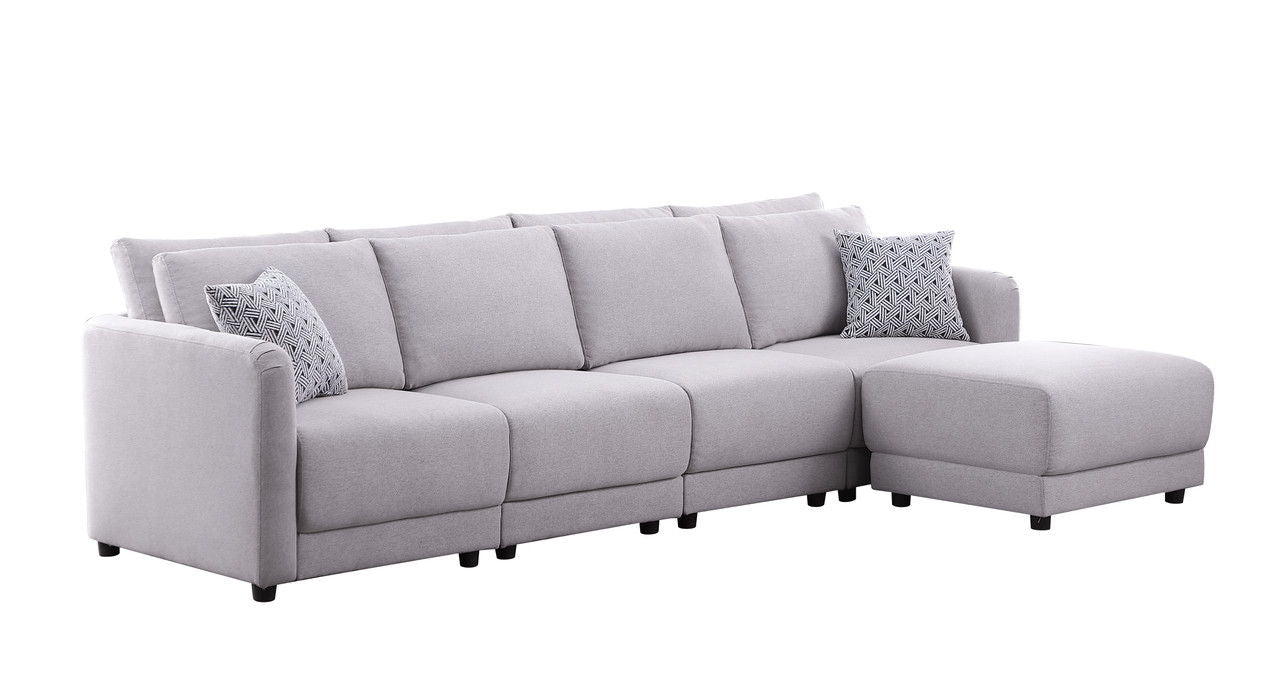 Penelope - Linen Fabric 4-Seater Sofa With Ottoman And Pillows (Set of 2) - Light Gray