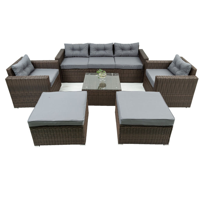 6 Piece Patio Rattan Wicker Outdoor Furniture Conversation Sofa Set With Removeable Cushions And Temper Glass Tabletop - Brown