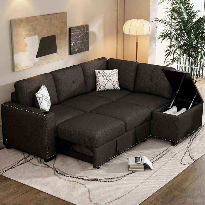 Sectional Pull-Out Sofa Bed L-Shaped Corner Sofa Couch With Storage Chaise, USB Ports, Power Sockets, Cup Holder For Living Room, Bedroom, Study