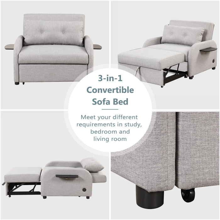 Pull Out Sofa Sleeper 3 In 1 With 2 Wing Table And USB Charge For Nap Line Fabric For Living Room Recreation Room