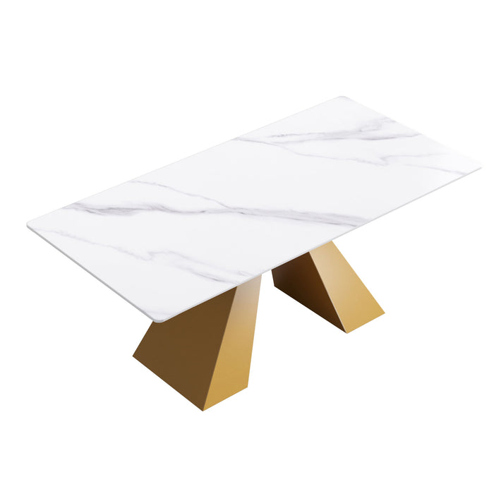 70.87" Modern Artificial Stone White Straight Edge Metal Leg Dining Table - White / Gold