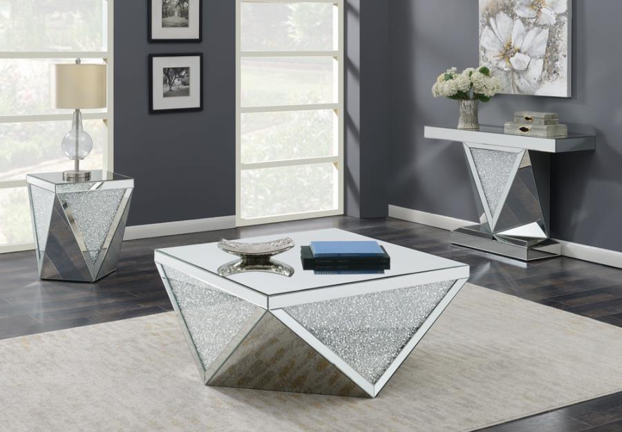 Square End Table With Triangle Detailing Silver And Clear Mirror