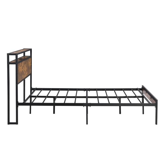 Full Size Metal Platform Bed Frame With Wooden Headboard And Footboard With USB Liner, No Box Spring Needed, Large Under Bed Storage - Brown