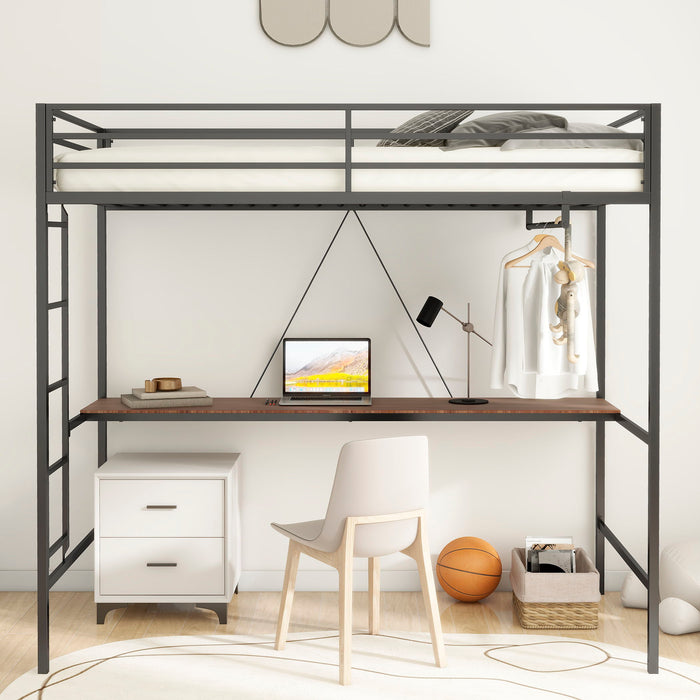 Adam - Twin Loft Bunk Bed With Cinnamon Wood Desk And Closet Rod - Black