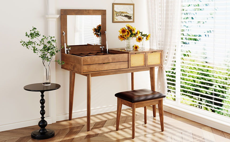 Classic Wood Makeup Vanity Set With Flip-Top Mirror And Stool, Dressing Table With Three Drawers And Storage Space