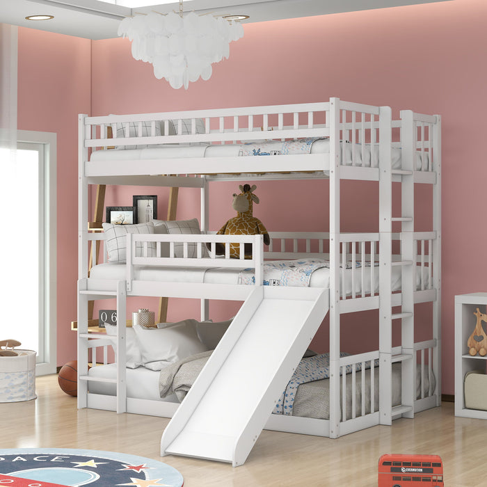 Full Over Full Over Full Triple Bed With Built-In Ladder And Slide, Triple Bunk Bed With Guardrails - White