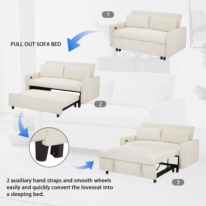 Pull-Out Sofa Bed Convertible Couch 2 Seat Loveseat Sofa Modern Sleeper Sofa With Two Throw Pillows And USB Ports For Living Room