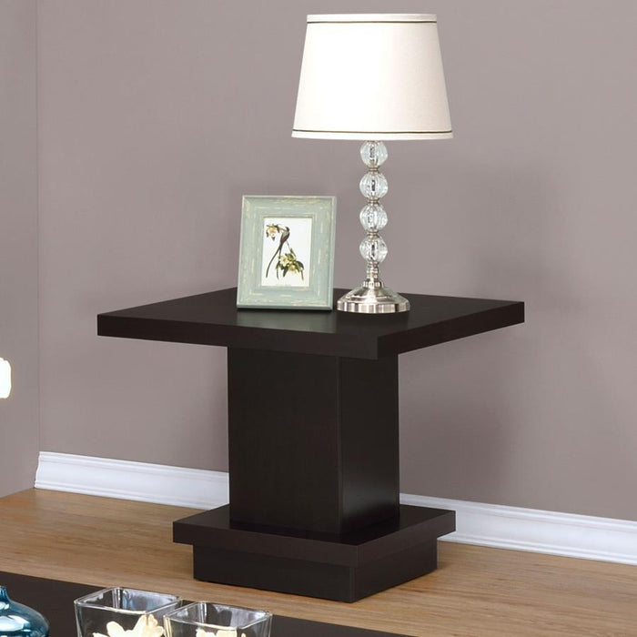 Living Room: Wood Top Occasional Tables - Pedestal Square End Table Cappuccino