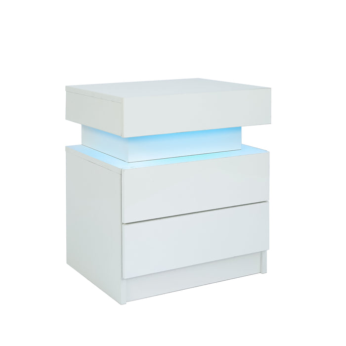 Nightstand With LED Lights Wood LED Bedside Table Nightstand With 2 High Gloss Drawers For Bedroom