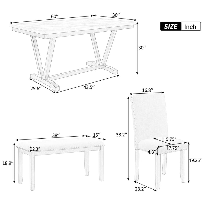 6 Piece Dining Table Modern Style With 4 Chairs & 1 Bench, Table With Marbled Veneers Tabletop And V-Shaped Table Legs - White