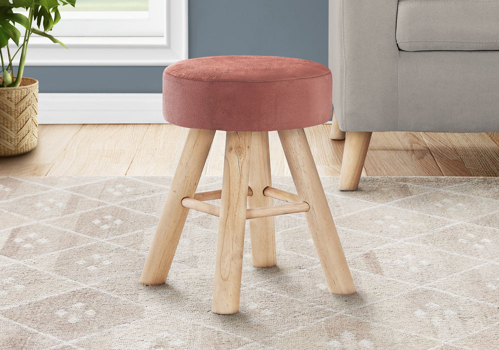 Ottoman, Pouf, Footrest, Foot Stool, Round Velvet, Natural Wood Legs, Contemporary, Modern - Pink