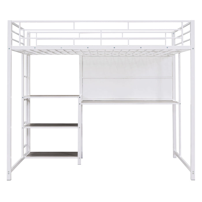 Full Size Loft Bed With Desk And Whiteboard, Metal Loft Bed With 3 Shelves And Ladder - White