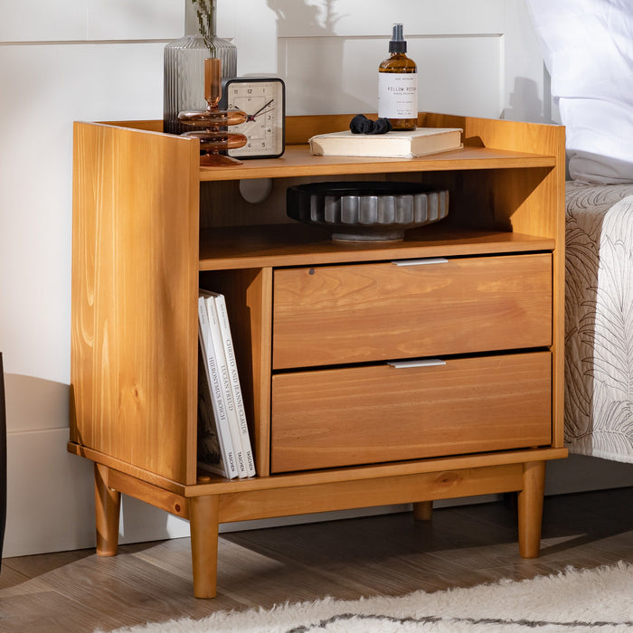 Mid-Century Modern Solid Wood 2 Drawer Gallery Nightstand