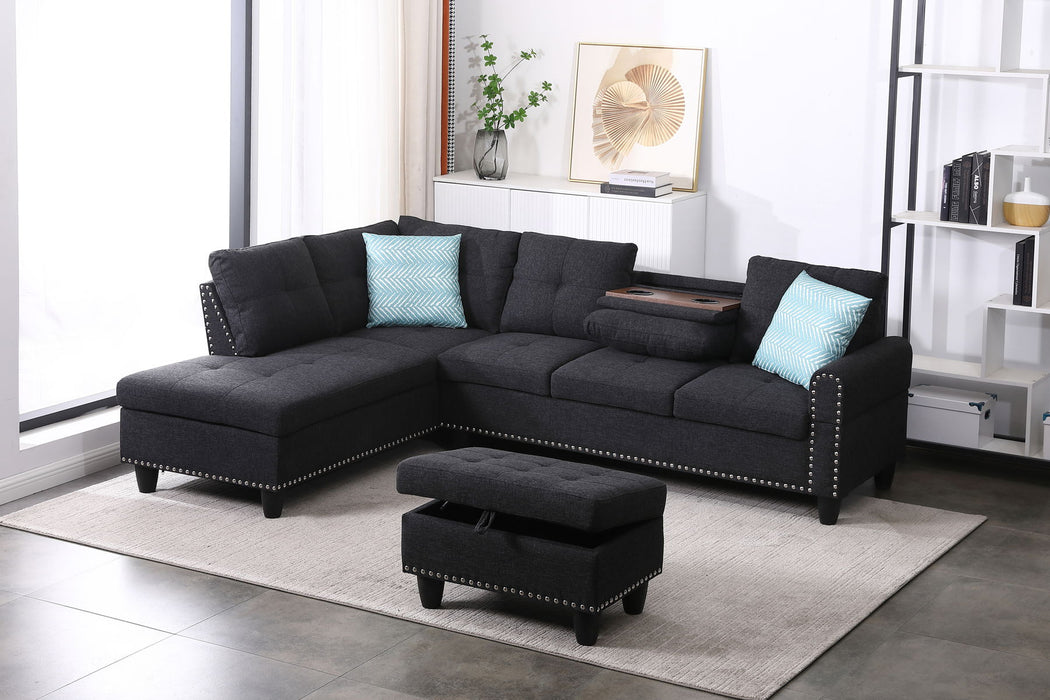 Alger - 98" Wide Left Hand Facing Sofa & Chaise With Ottoman - Charcoal Grey