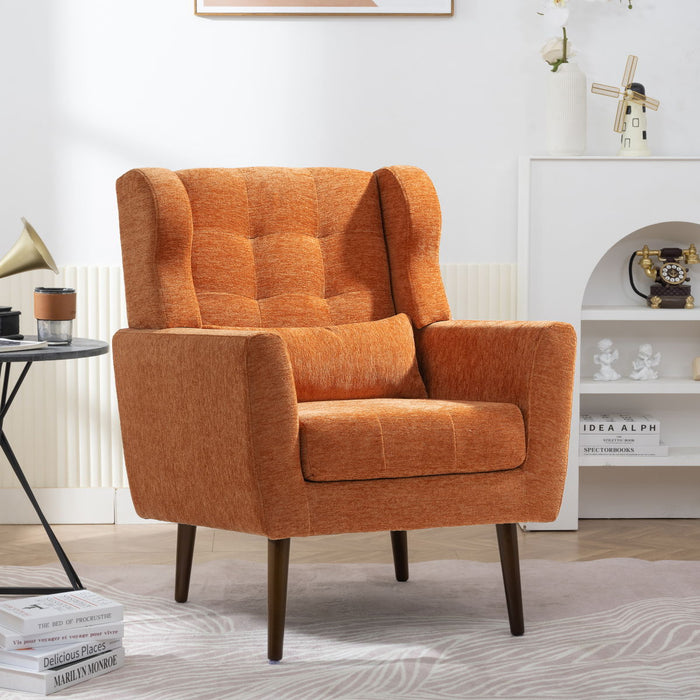 Modern Accent Chair, Chenille Arm Chairs For Living Room, Upholstered Mordern Armchair, Comfy Soft Padded Lounge Chair In Small Space, Bedroom, With Pillow, Solid Wood Leg