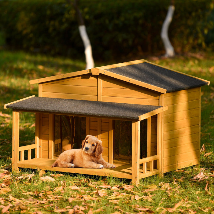 Large Wooden Dog House Outdoor / Indoor Dog Crate, Cabin Style, With Porch, 2 Doors