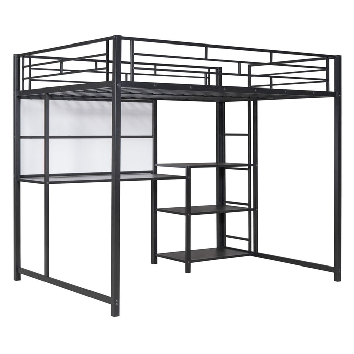 Full Size Loft Bed With Desk And Whiteboard, Metal Loft Bed With 3 Shelves And Ladder - Black