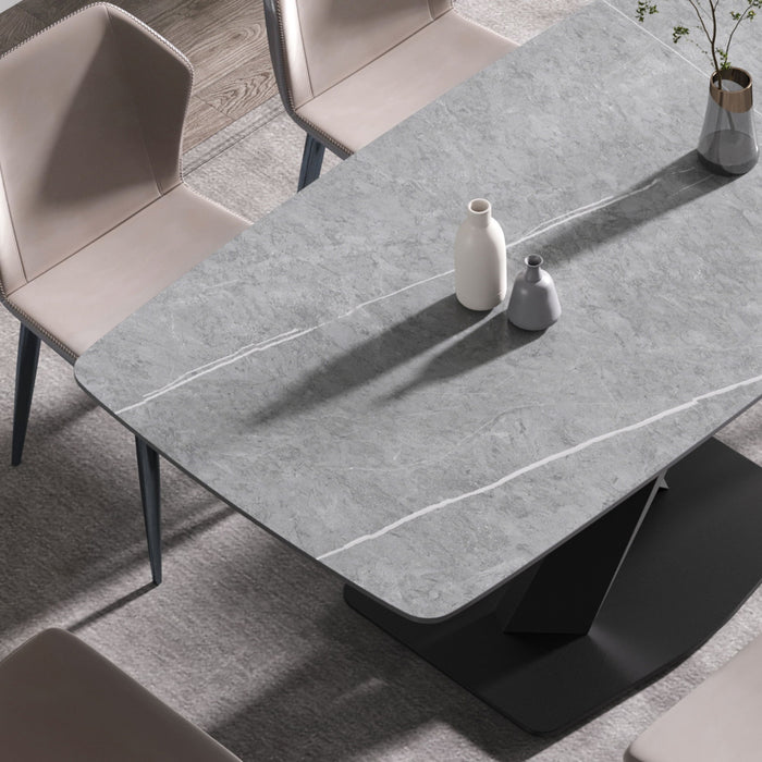 70.87" Modern Artificial Stone Gray Curved Black Metal Leg Dining Table, Can Accommodate 6-8 People - Gray / Black