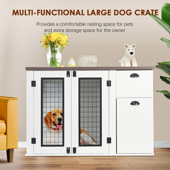 Furniture Style Dog Cage, Wooden Dog Cage, Double Door Dog Cage, Side Cabinet Dog Cage, Dog Crate - White / Deep Walnut