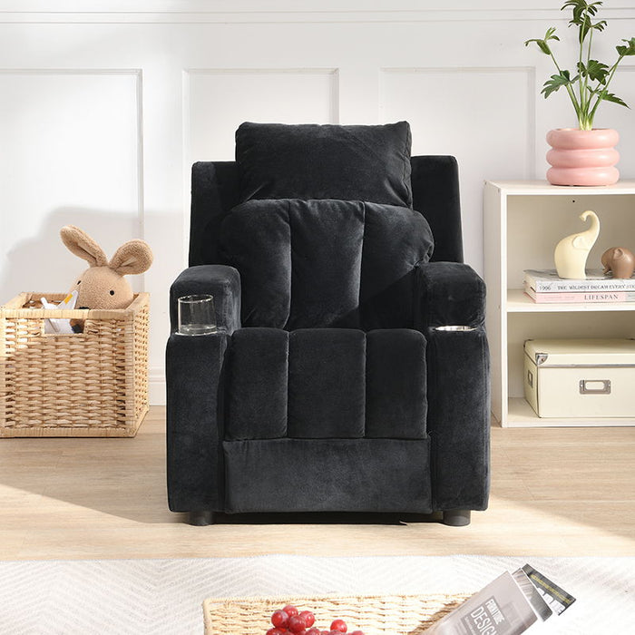 Kids Recliner Chair, Kids Upholstered Couch With One Cup Holder, Toddlers Recliner With Headrest And Footrest - Black