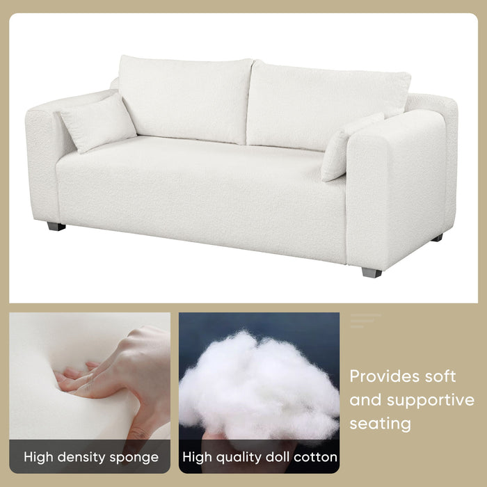 Modern Loop Yarn Sofa, One Piece Seat Frame, Minimalist 2-3 Seat Couch Easy To Install, Loveseats With Extra Wide Domed Arms For Living Room (2 Pillows) - White