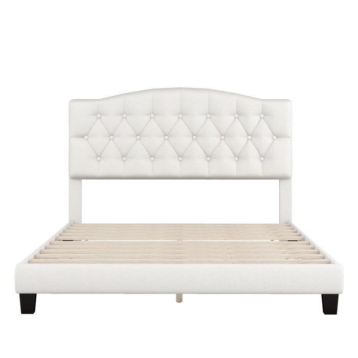 Queen Upholstered Platform Bed With Saddle Curved Headboard And Diamond Tufted Details - Beige