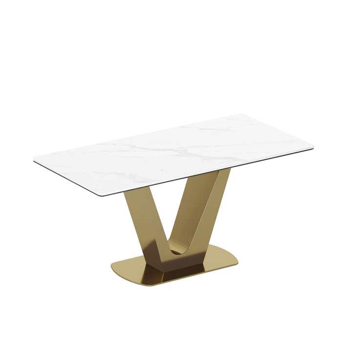 Sintered Stone Composite Tempered Glass Top Dining Table With V-Shape Stainless Steel Base - Gold