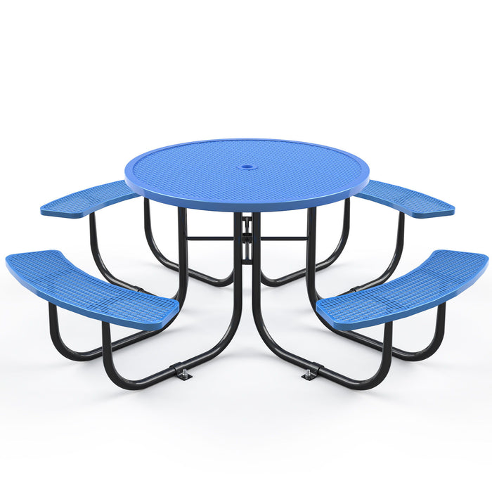 Outdoor Steel Picnic Round Table With Umbrella Pole - Blue