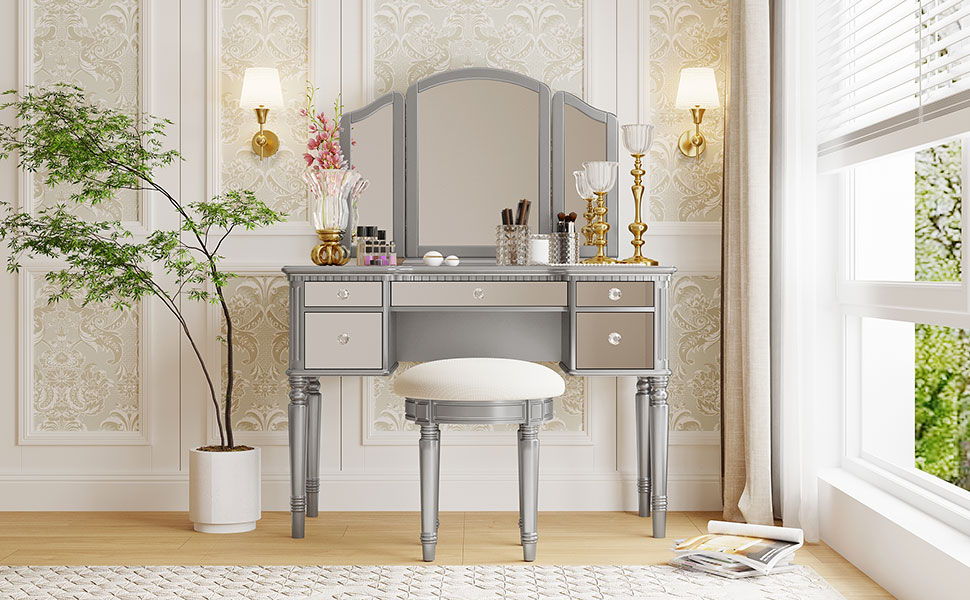 Dressing Table Set With Mirrored Drawers And Stool, Tri-Fold Mirror, Makeup Vanity Set For Bedroom