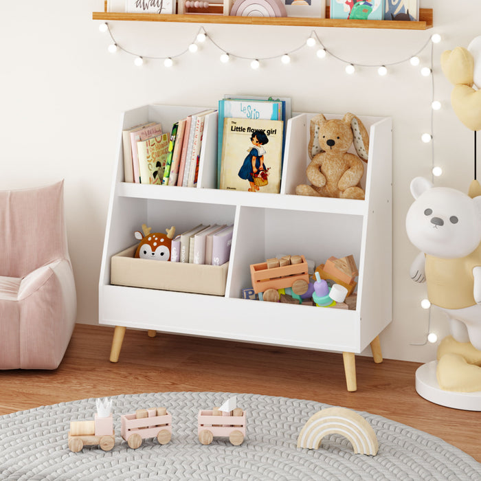 Kids Bookshelf And Toy Organizer, 5 Cubbies Wooden Open Bookcase, 2-Tier Baby Storage Display Organizer With Legs, Free Standing For Playing Room, Bedroom, Nursery, Classroom - White