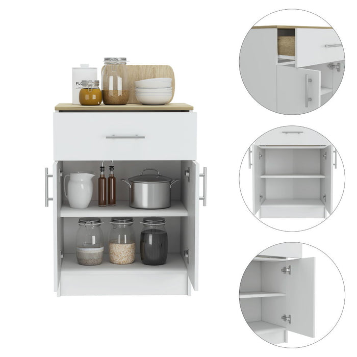 Pantry Organizer Cabinet One Drawer, Two Interior Shelves, Two Doors - White / Light Oak