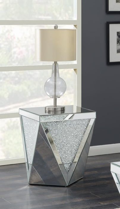 Square End Table With Triangle Detailing Silver And Clear Mirror