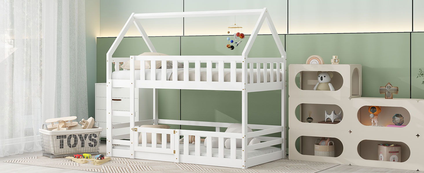 Twin Over Twin House Bunk Bed With Fence And Door - Gray