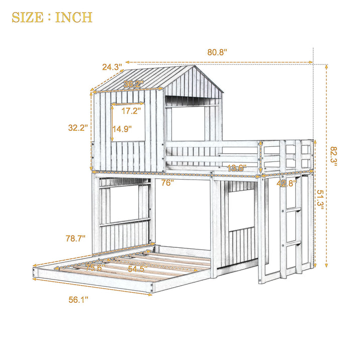 Wooden Twin Over Full Bunk Bed, Loft Bed With Playhouse, Farmhouse, Ladder And Guardrails - White